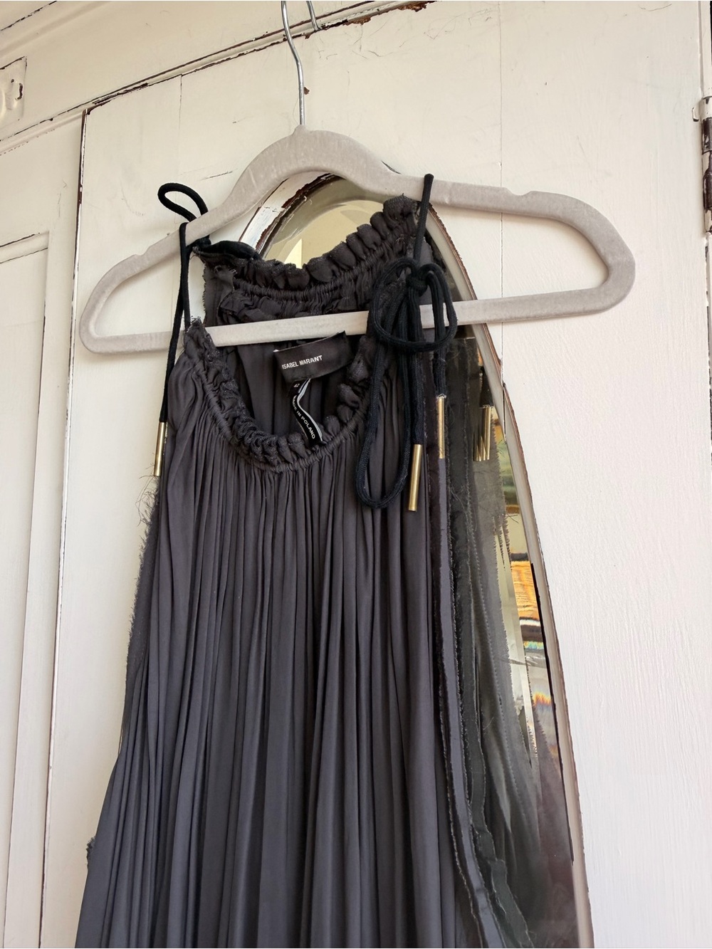 Isabel Marant Dark Charcoal Pleated Halter Top with Drawstring